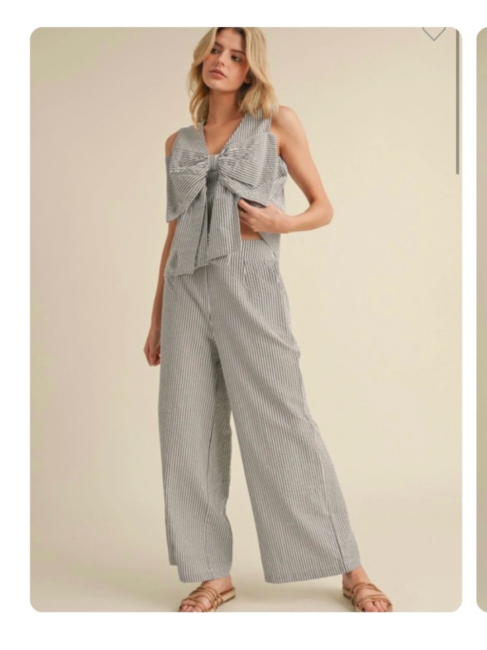 Wide-Leg Striped Cotton set with Front Bow - navy/white - Jodifl brand
